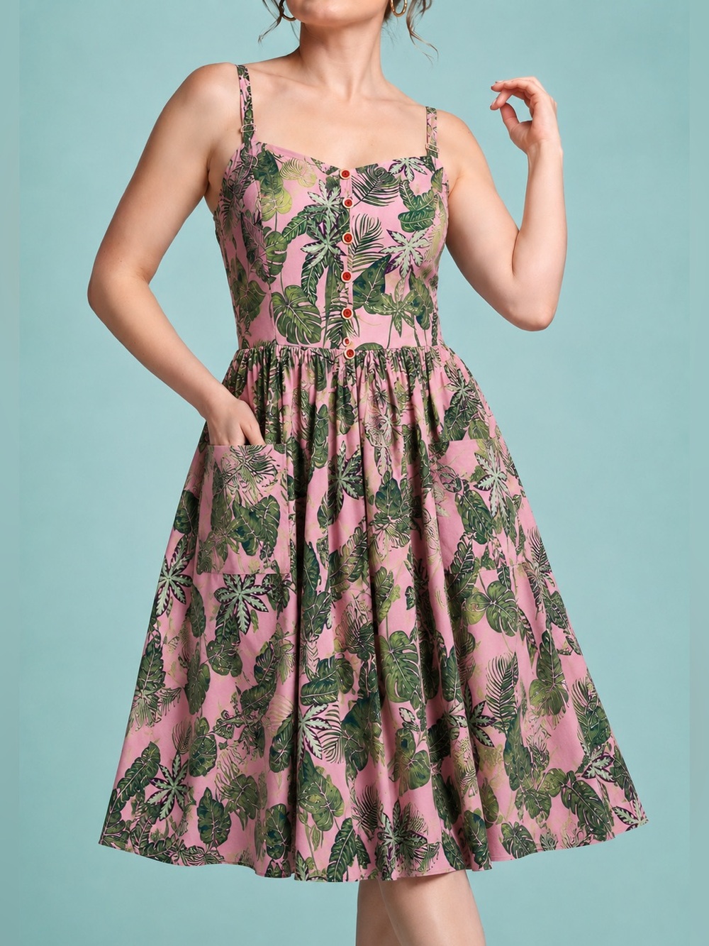 Collectif Pink Tropical Print Fit & Flare Swing Dress Rockabilly Retro Inspired